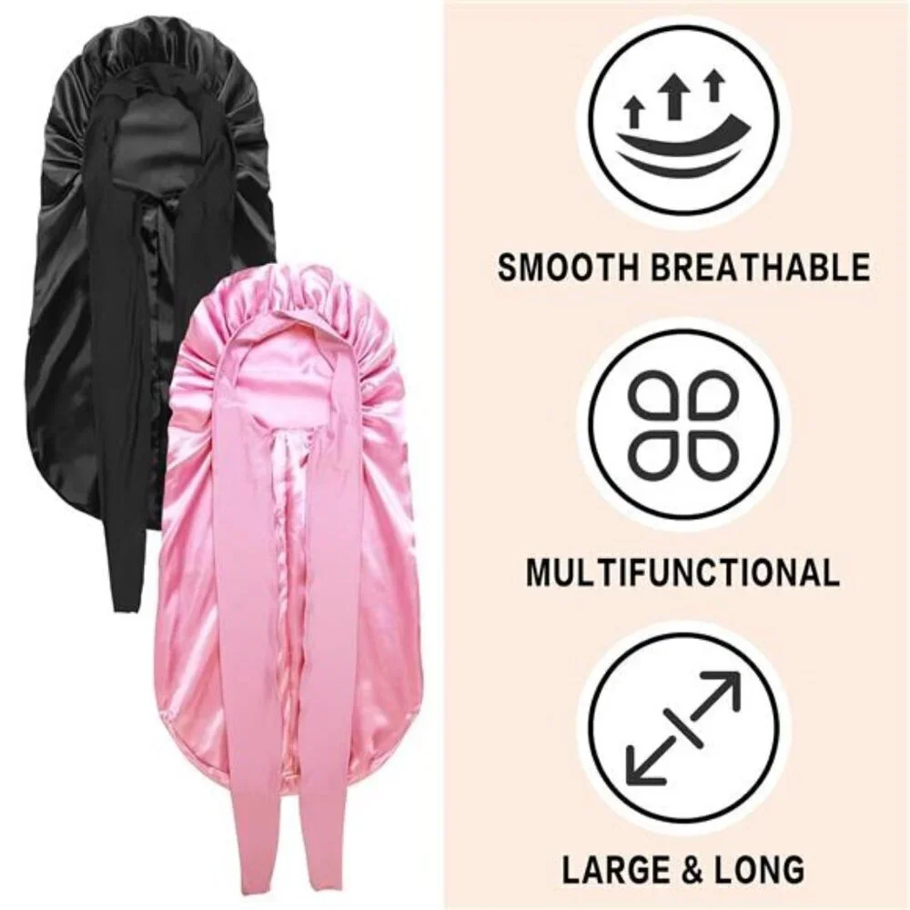 2-Pack Silk Sleep Bonnets Extra Long & Large Size Braids, Long Hair, and Natural